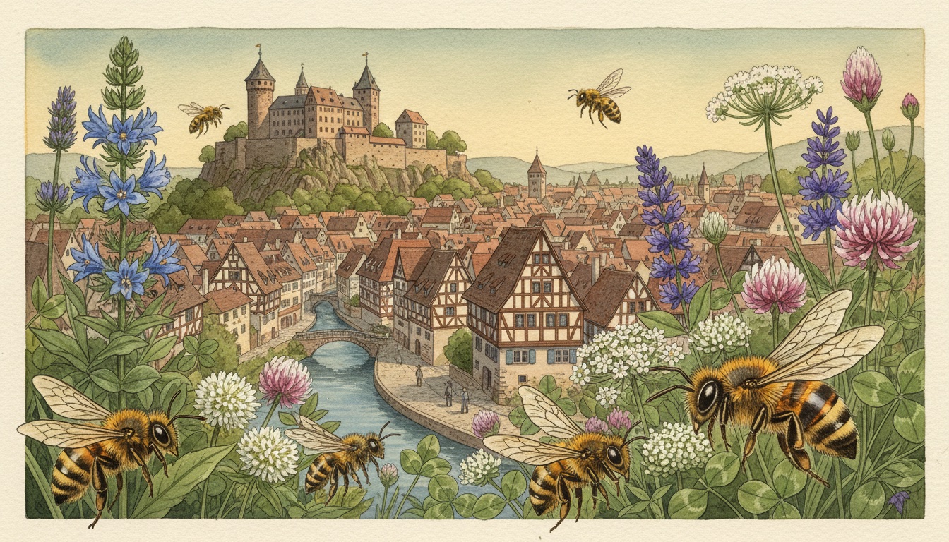 Bienen und Wildbienen in Nürnberg (Bayern) — Aquarell-Illustration der lokalen Habitate