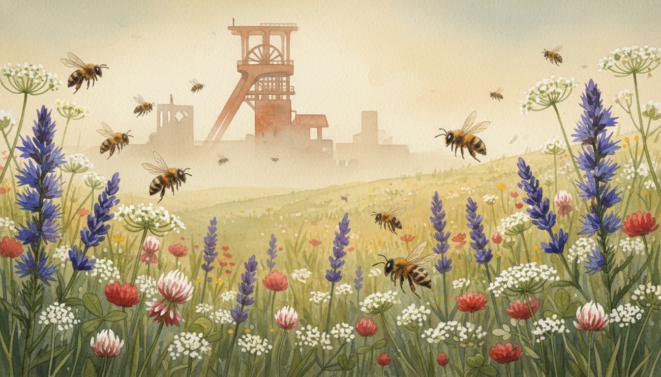 Bienen und Wildbienen in Oberhausen (Nordrhein-Westfalen) — Aquarell-Illustration der lokalen Habitate