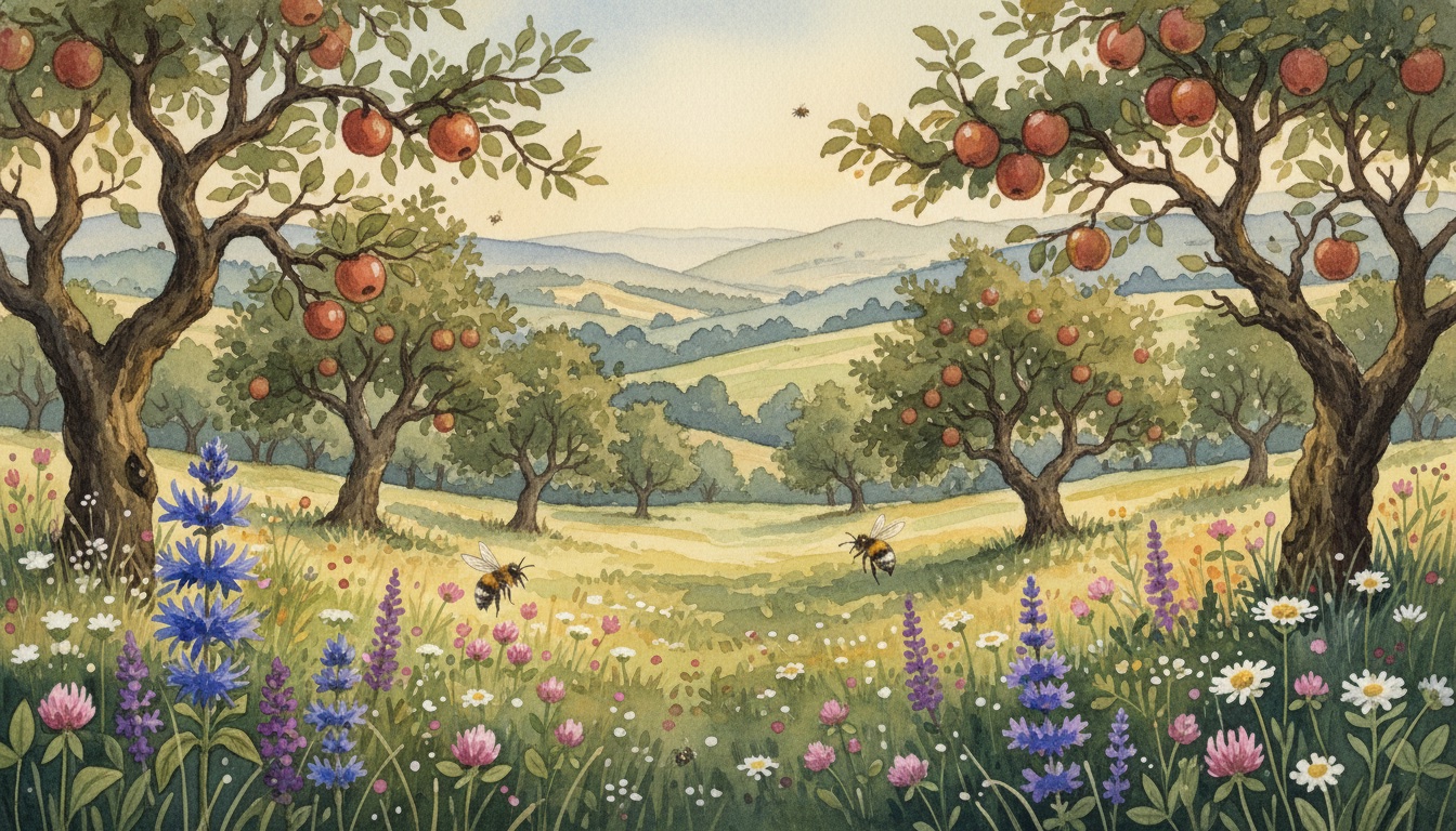 Bienen und Wildbienen in Offenburg (Baden-Württemberg) — Aquarell-Illustration der lokalen Habitate