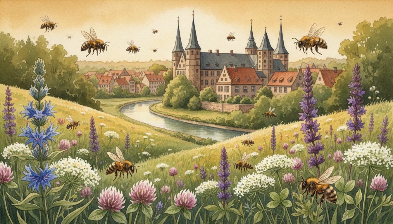 Bienen und Wildbienen in Oldenburg (Niedersachsen) — Aquarell-Illustration der lokalen Habitate