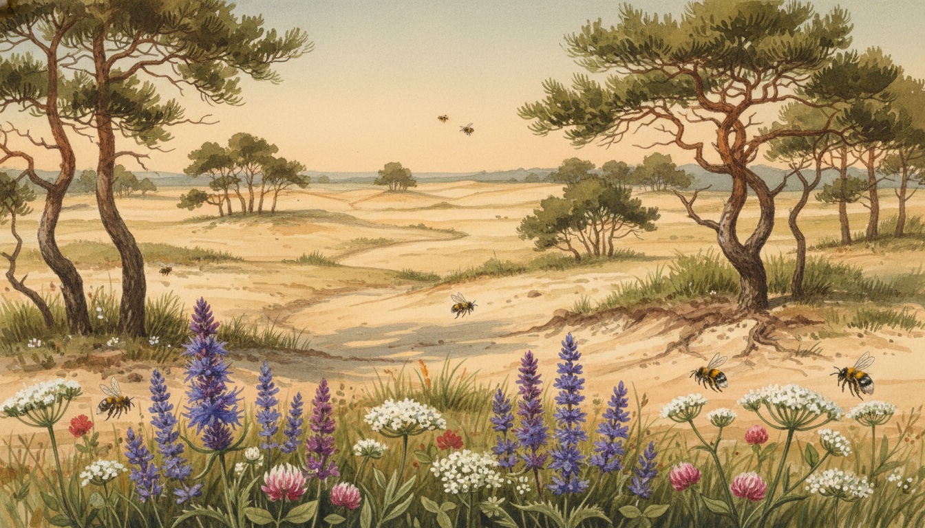 Bienen und Wildbienen in Oranienburg (Brandenburg) — Aquarell-Illustration der lokalen Habitate