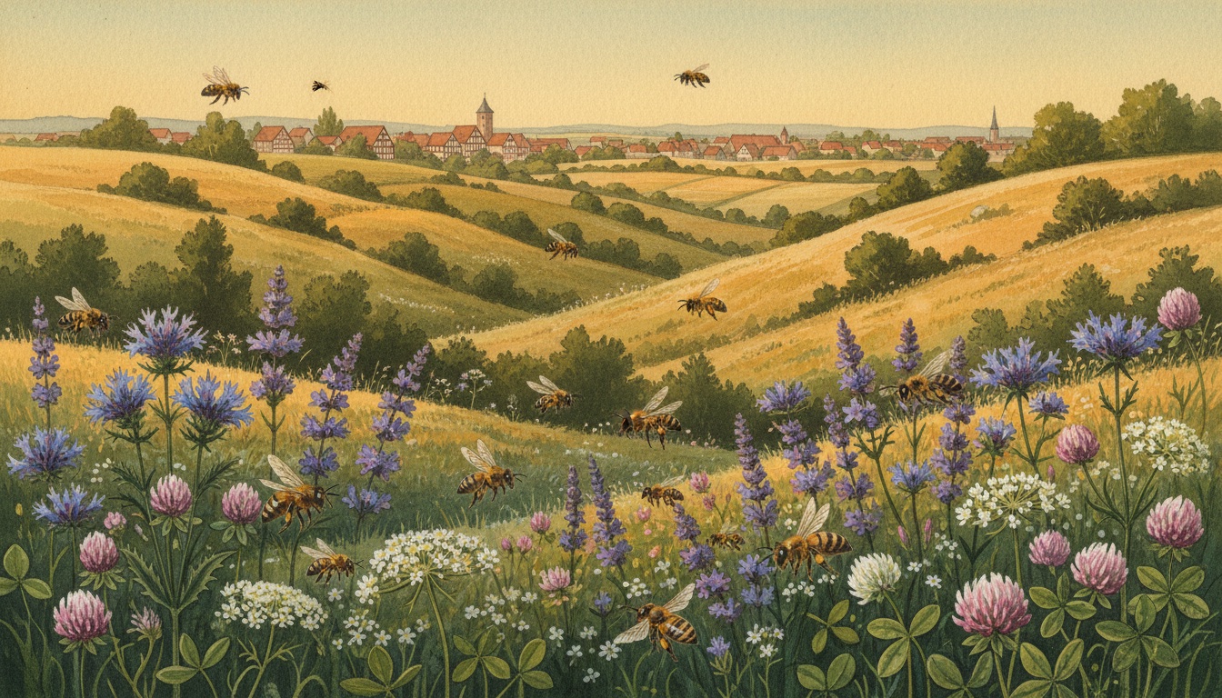 Bienen und Wildbienen in Oschersleben (Bode) (Sachsen-Anhalt) — Aquarell-Illustration der lokalen Habitate