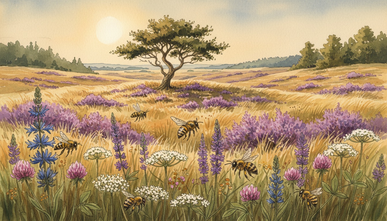 Bienen und Wildbienen in Osterholz-Scharmbeck (Niedersachsen) — Aquarell-Illustration der lokalen Habitate