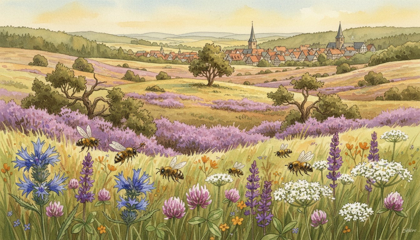 Bienen und Wildbienen in Osterode am Harz (Niedersachsen) — Aquarell-Illustration der lokalen Habitate