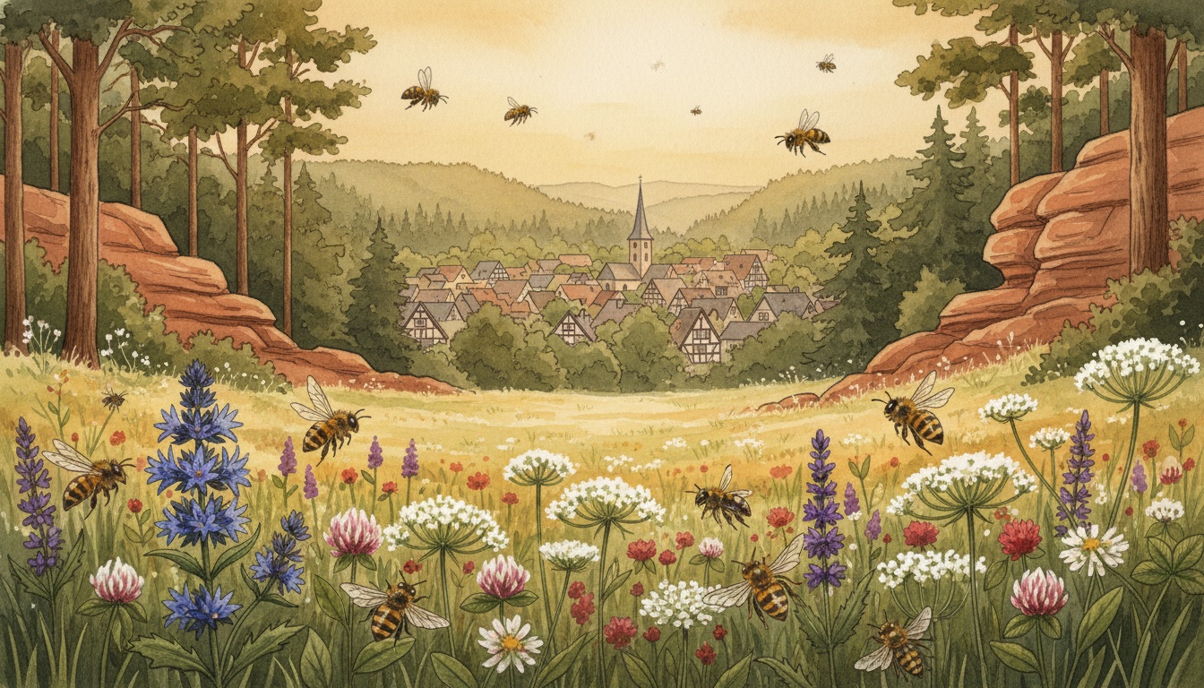 Bienen und Wildbienen in Ottweiler (Saarland) — Aquarell-Illustration der lokalen Habitate