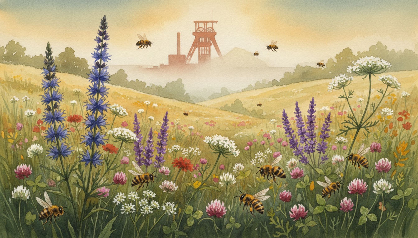 Bienen und Wildbienen in Paderborn (Nordrhein-Westfalen) — Aquarell-Illustration der lokalen Habitate