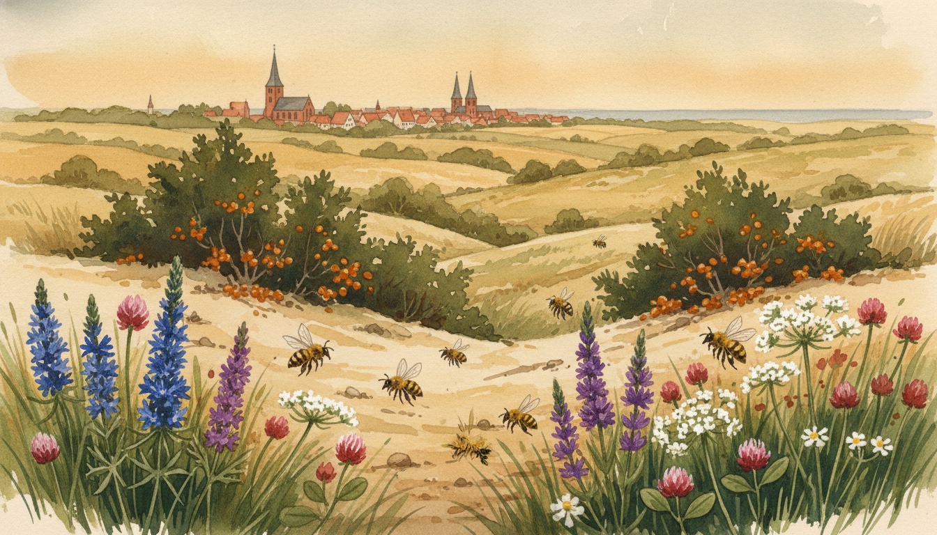 Bienen und Wildbienen in Parchim (Mecklenburg-Vorpommern) — Aquarell-Illustration der lokalen Habitate