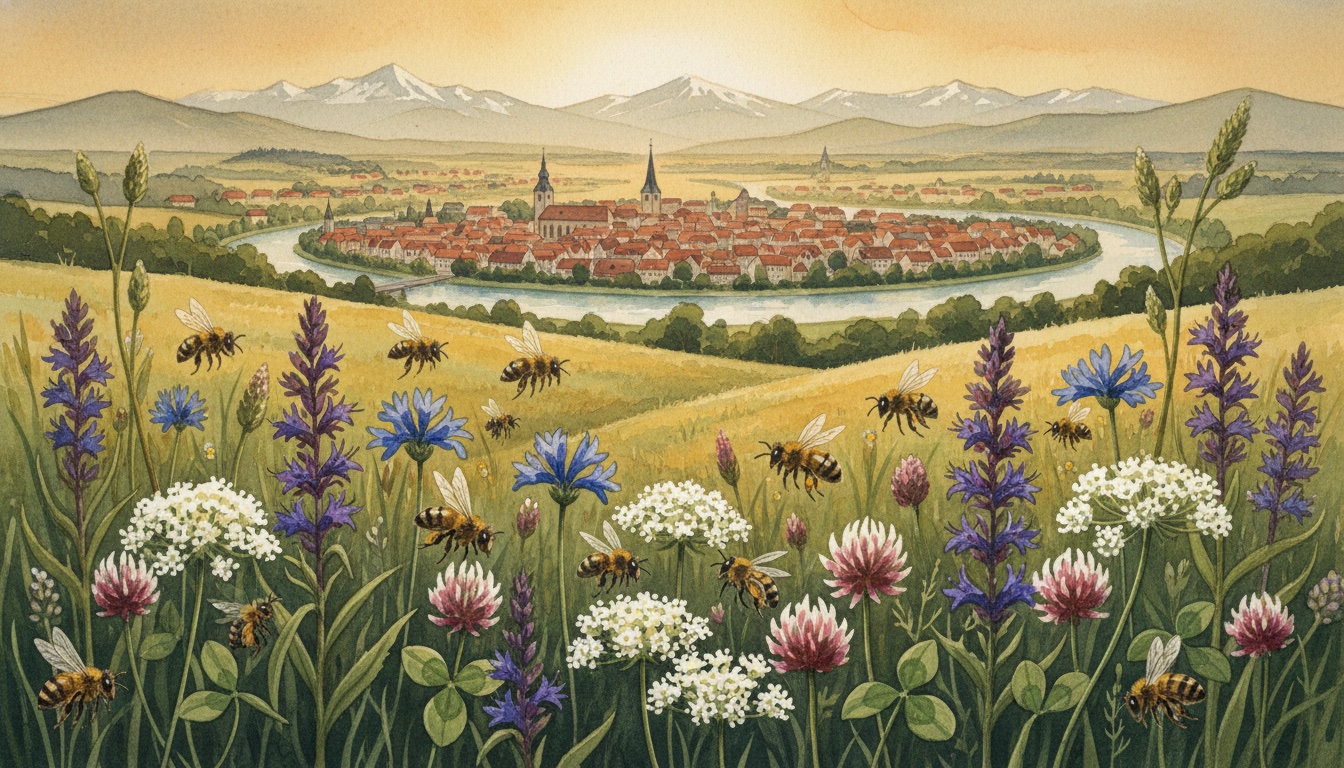 Bienen und Wildbienen in Passau (Bayern) — Aquarell-Illustration der lokalen Habitate