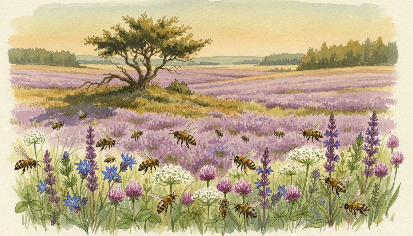 Bienen und Wildbienen in Peine (Niedersachsen) — Aquarell-Illustration der lokalen Habitate