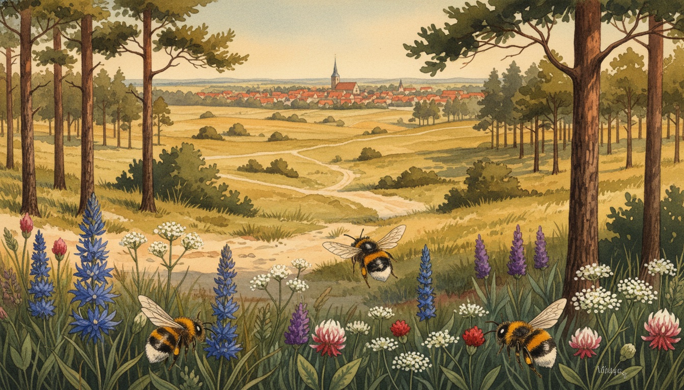 Bienen und Wildbienen in Perleberg (Brandenburg) — Aquarell-Illustration der lokalen Habitate