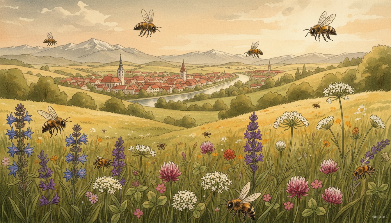 Bienen und Wildbienen in Pfaffenhofen an der Ilm (Bayern) — Aquarell-Illustration der lokalen Habitate