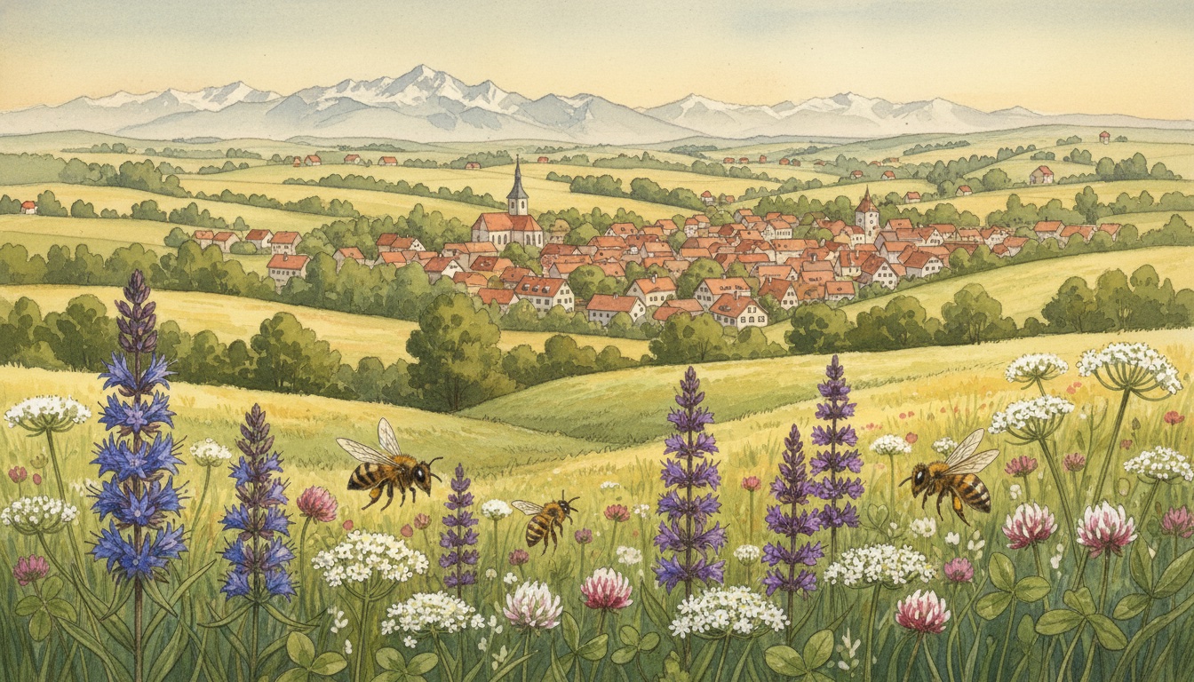 Bienen und Wildbienen in Pfarrkirchen (Bayern) — Aquarell-Illustration der lokalen Habitate
