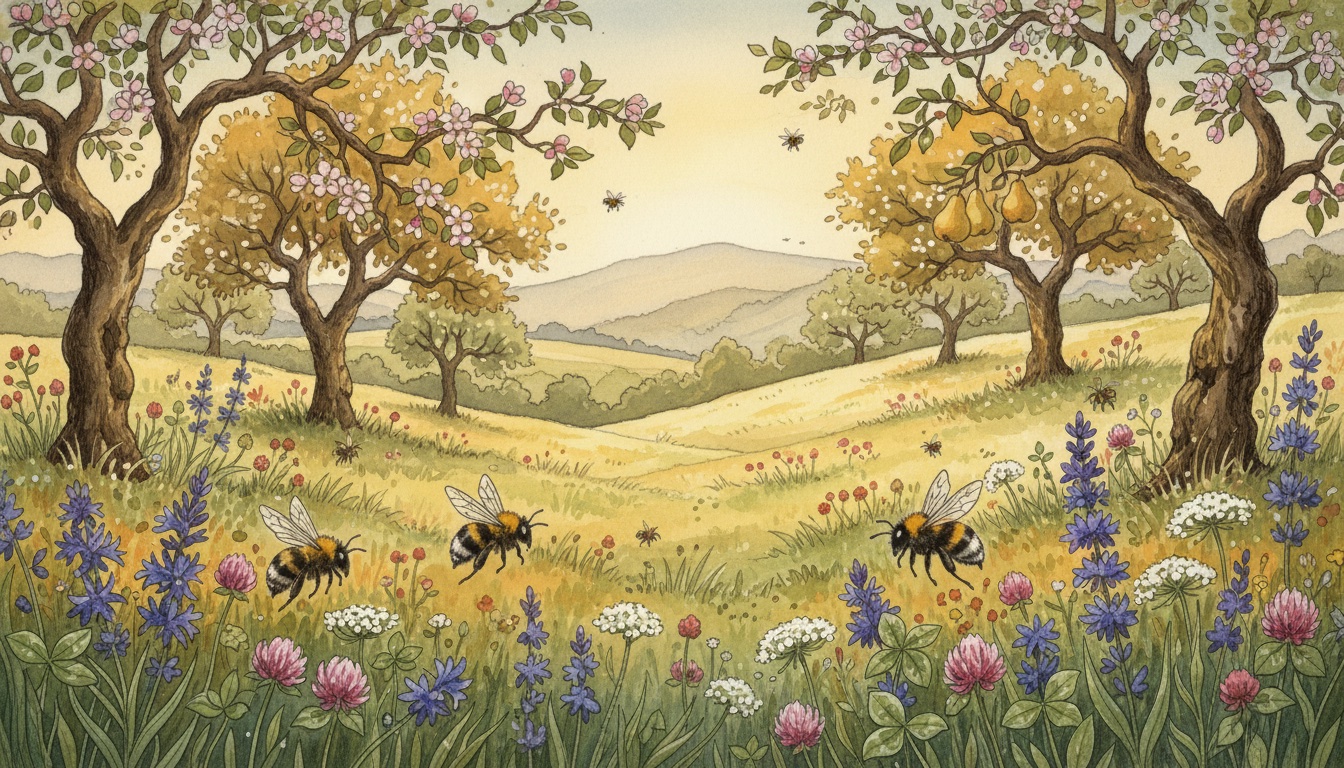 Bienen und Wildbienen in Pforzheim (Baden-Württemberg) — Aquarell-Illustration der lokalen Habitate