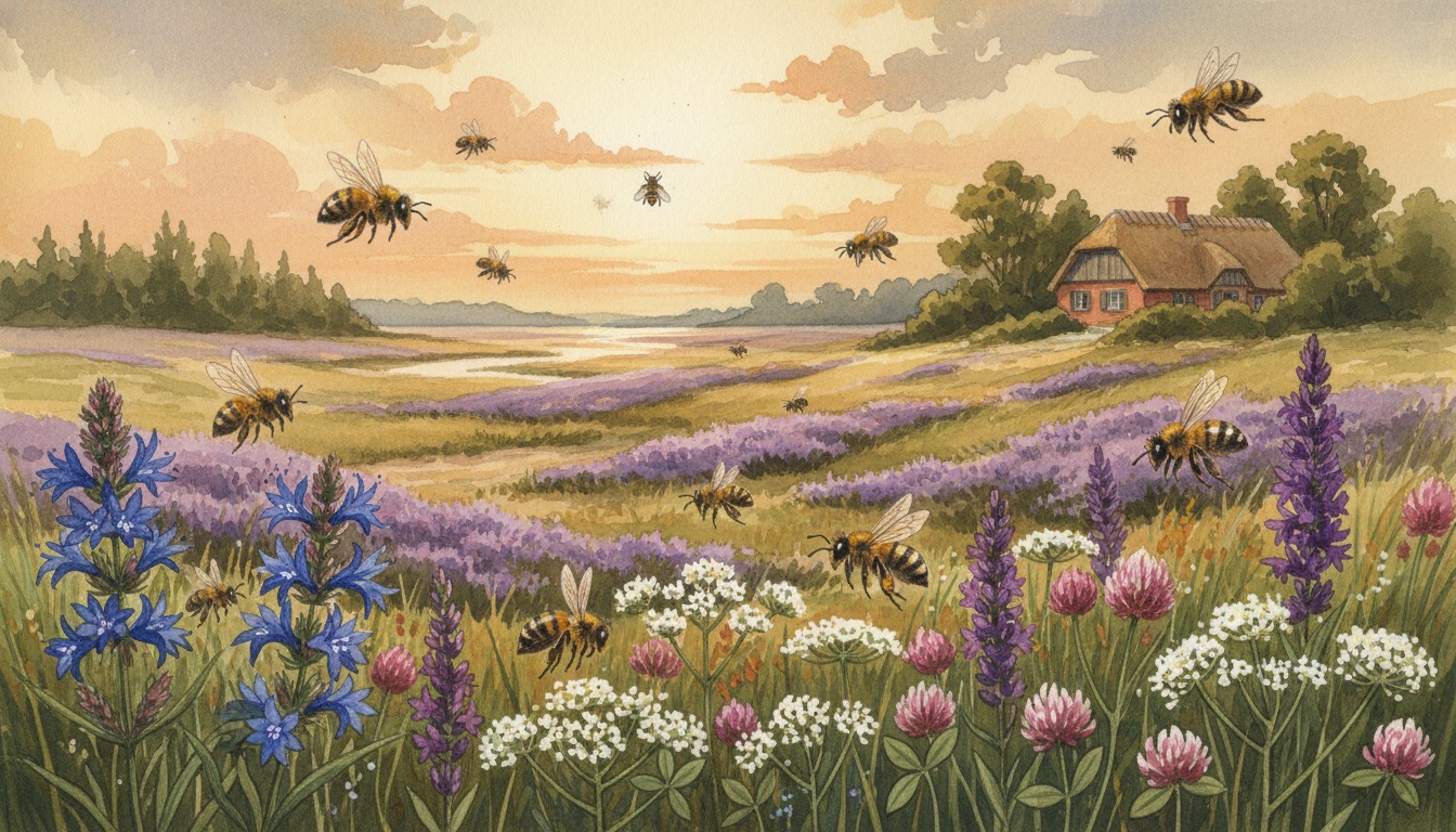 Bienen und Wildbienen in Pinneberg (Schleswig-Holstein) — Aquarell-Illustration der lokalen Habitate