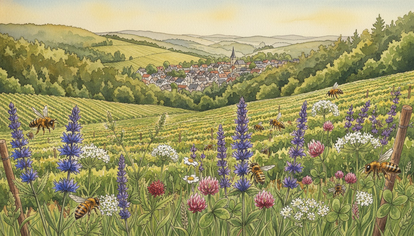 Bienen und Wildbienen in Pirmasens (Rheinland-Pfalz) — Aquarell-Illustration der lokalen Habitate