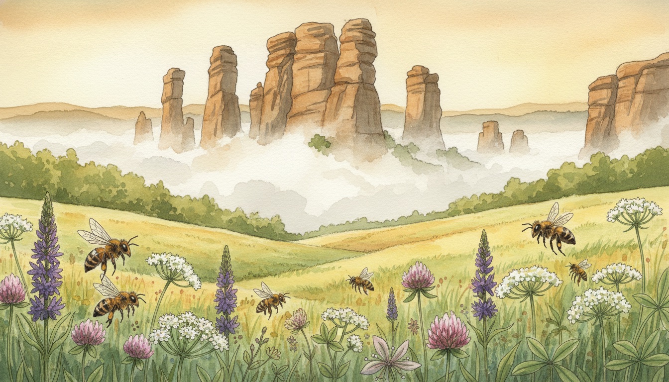 Bienen und Wildbienen in Pirna (Sachsen) — Aquarell-Illustration der lokalen Habitate
