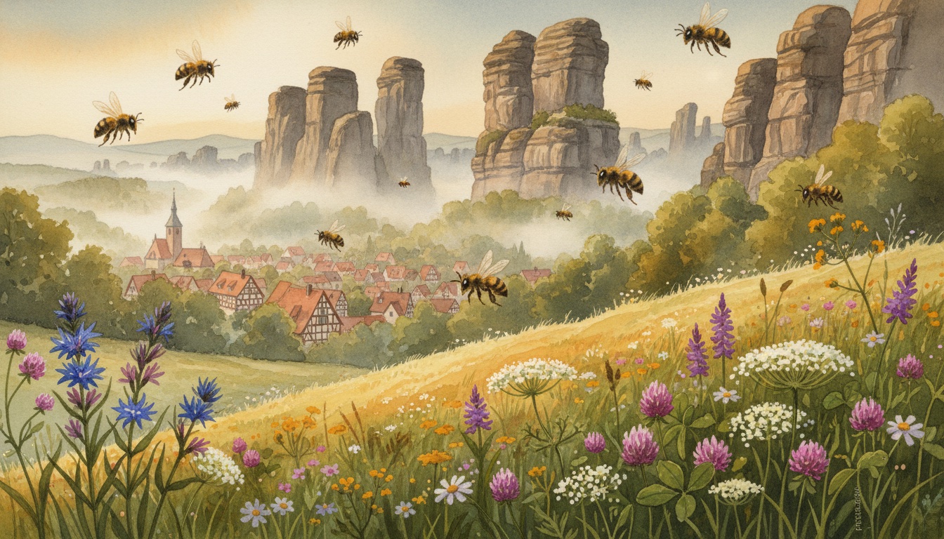 Bienen und Wildbienen in Plauen (Sachsen) — Aquarell-Illustration der lokalen Habitate