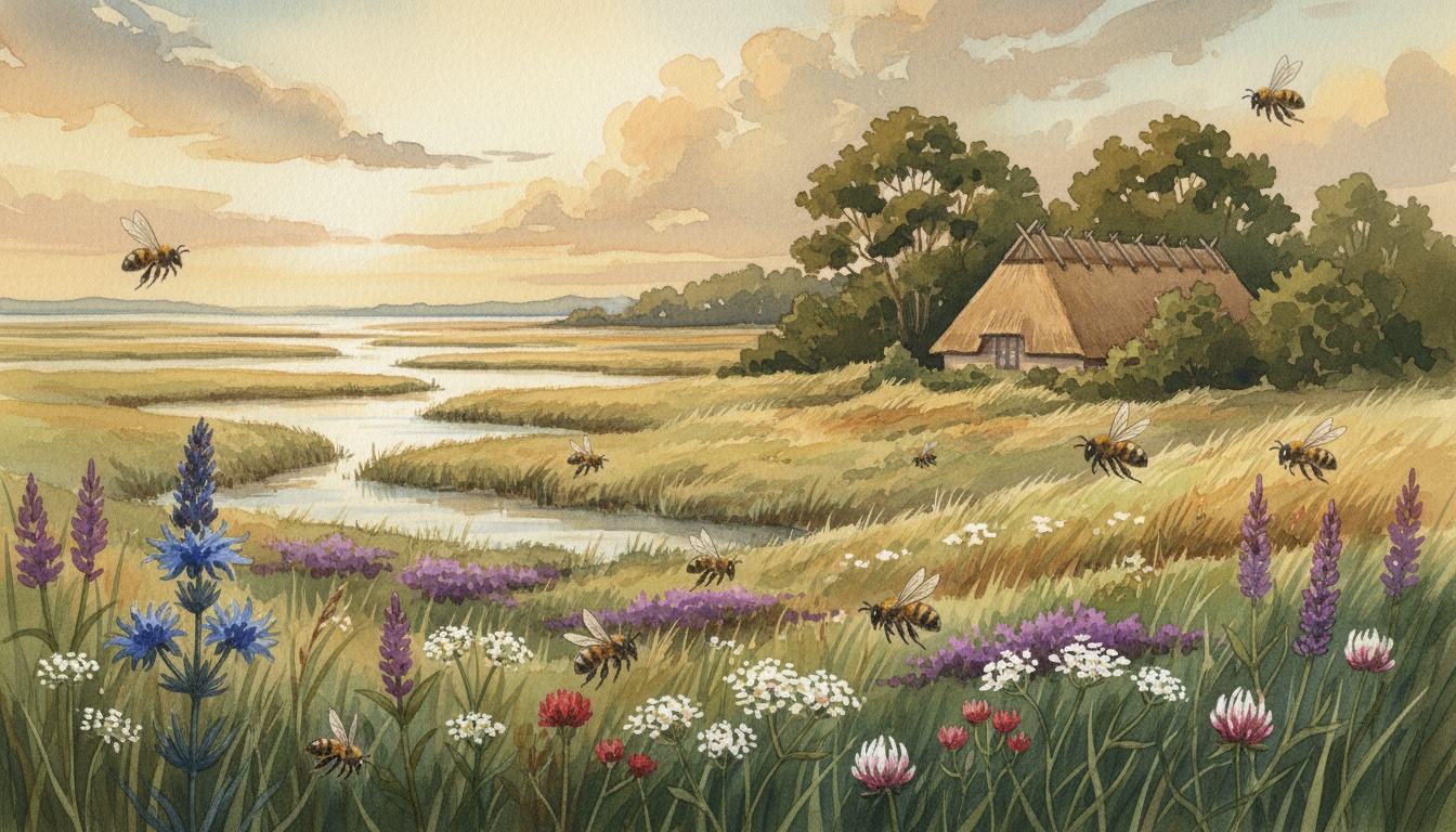 Bienen und Wildbienen in Plön (Schleswig-Holstein) — Aquarell-Illustration der lokalen Habitate