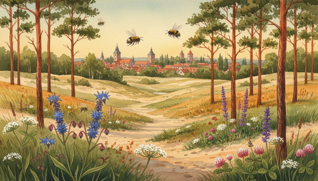Bienen und Wildbienen in Prenzlau (Brandenburg) — Aquarell-Illustration der lokalen Habitate