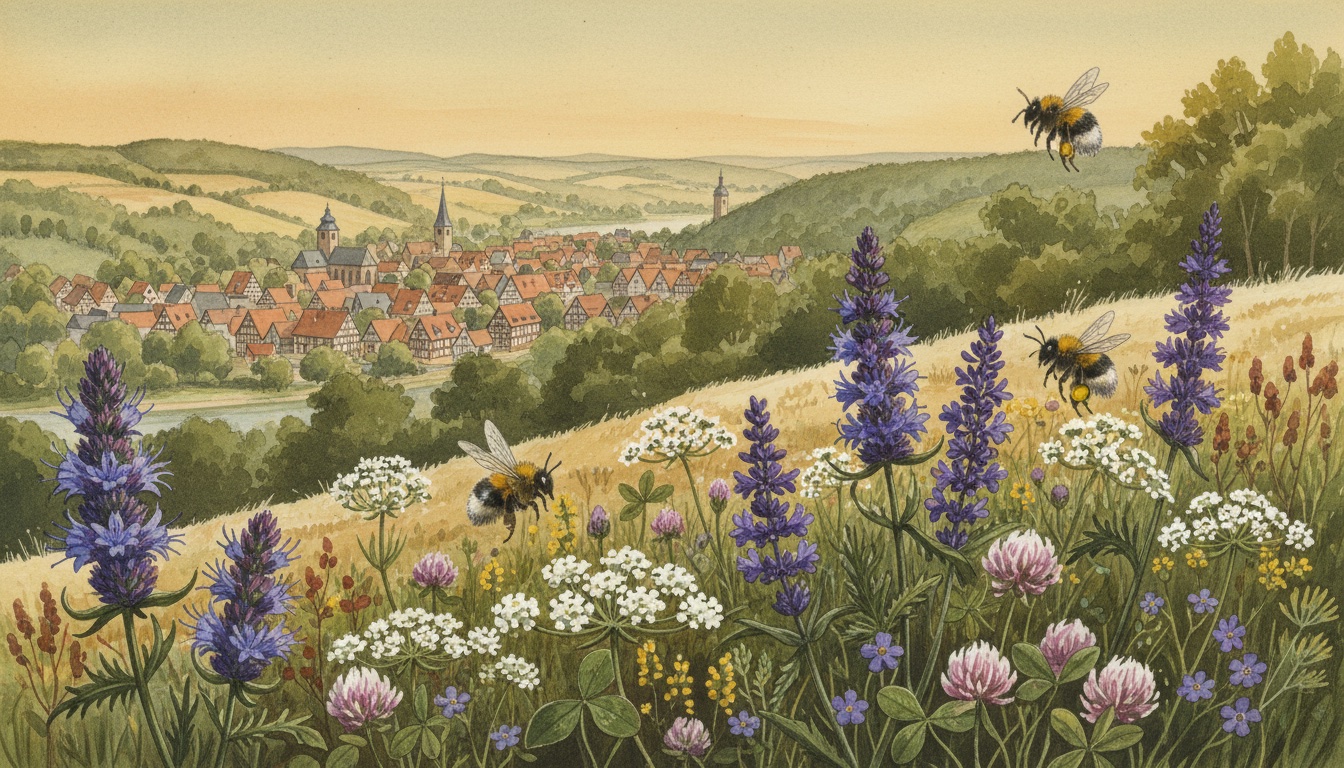 Bienen und Wildbienen in Quedlinburg (Sachsen-Anhalt) — Aquarell-Illustration der lokalen Habitate