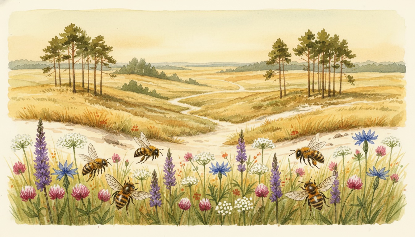 Bienen und Wildbienen in Rathenow (Brandenburg) — Aquarell-Illustration der lokalen Habitate