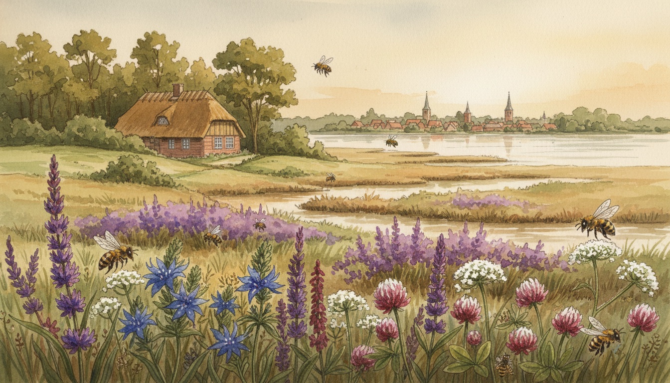 Bienen und Wildbienen in Ratzeburg (Schleswig-Holstein) — Aquarell-Illustration der lokalen Habitate