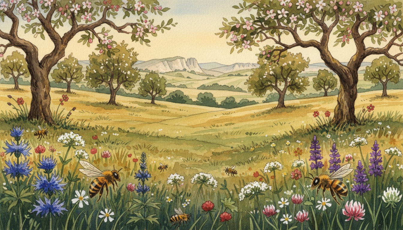 Bienen und Wildbienen in Ravensburg (Baden-Württemberg) — Aquarell-Illustration der lokalen Habitate