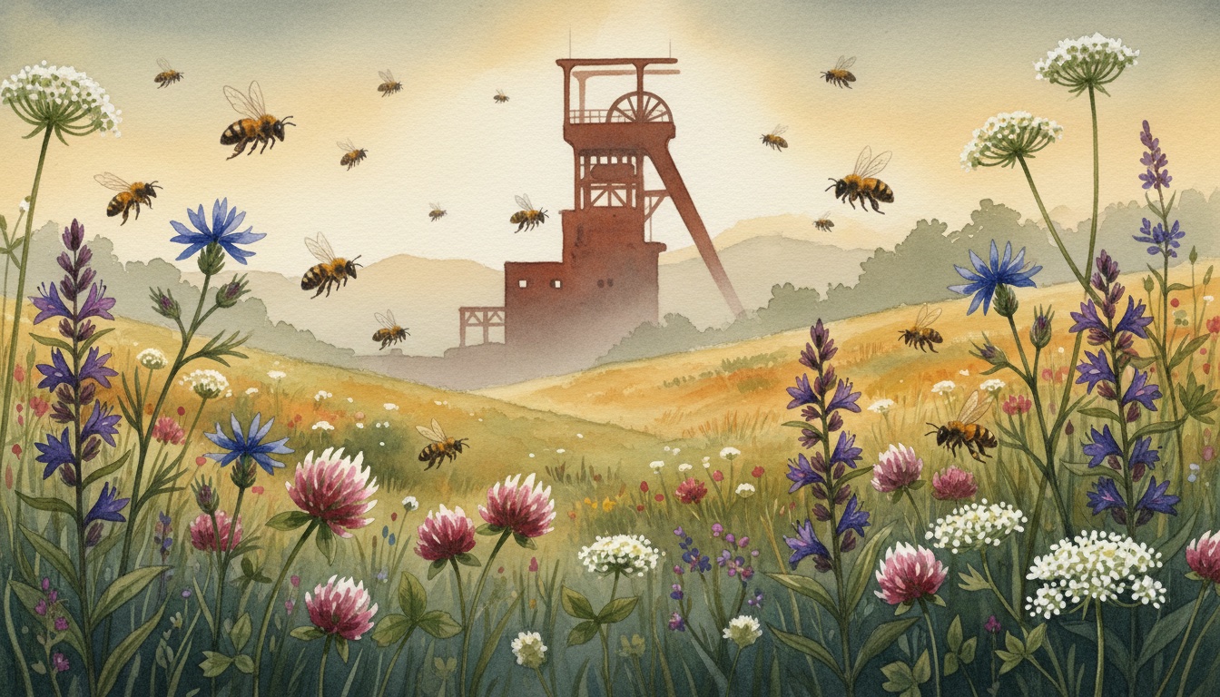 Bienen und Wildbienen in Recklinghausen (Nordrhein-Westfalen) — Aquarell-Illustration der lokalen Habitate