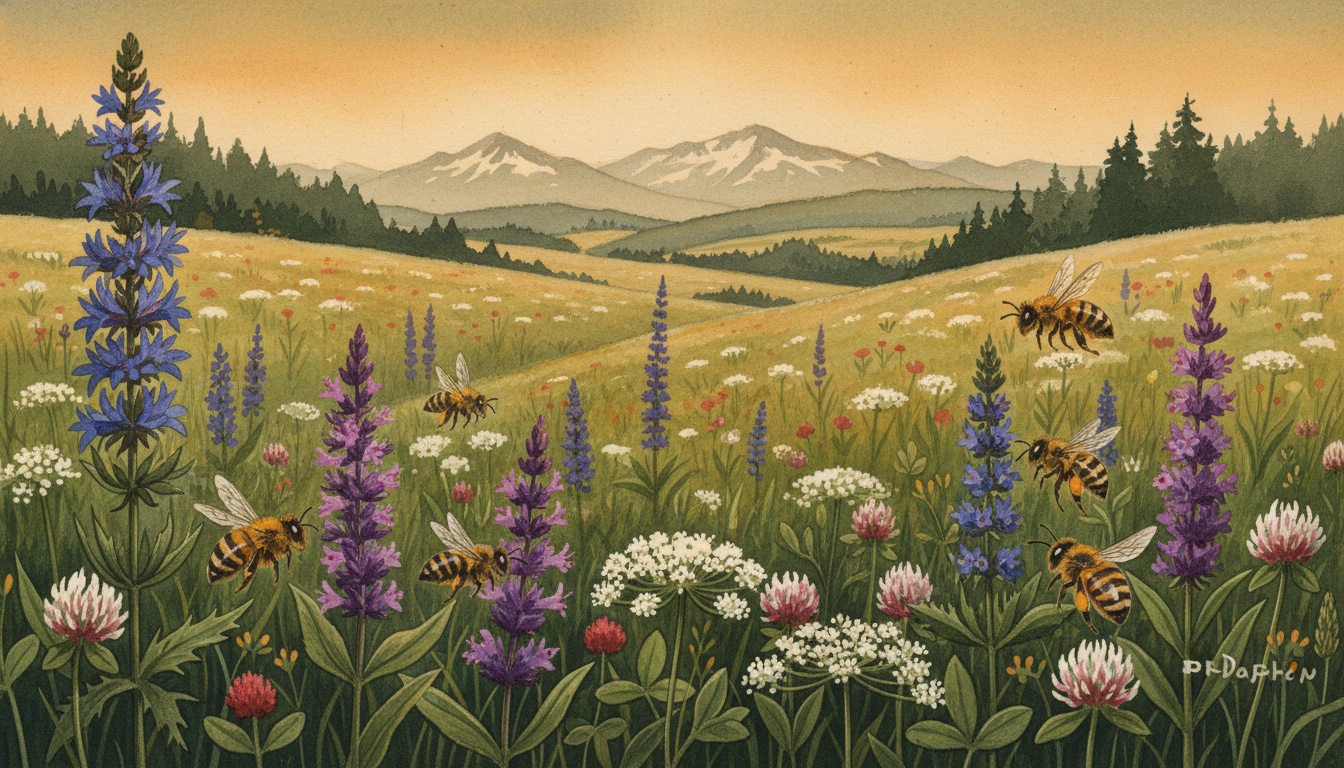 Bienen und Wildbienen in Regen (Bayern) — Aquarell-Illustration der lokalen Habitate