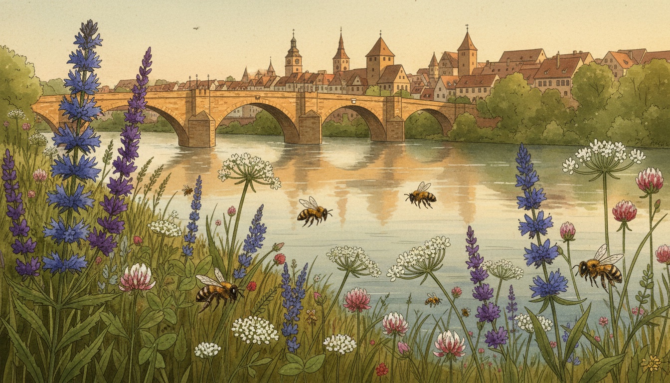 Bienen und Wildbienen in Regensburg (Bayern) — Aquarell-Illustration der lokalen Habitate