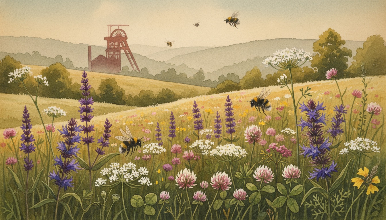 Bienen und Wildbienen in Remscheid (Nordrhein-Westfalen) — Aquarell-Illustration der lokalen Habitate