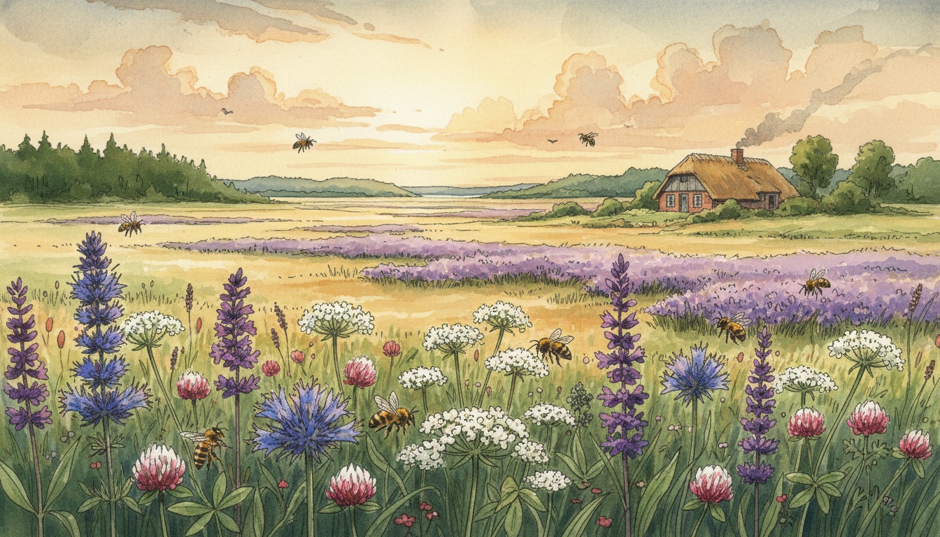 Bienen und Wildbienen in Rendsburg (Schleswig-Holstein) — Aquarell-Illustration der lokalen Habitate