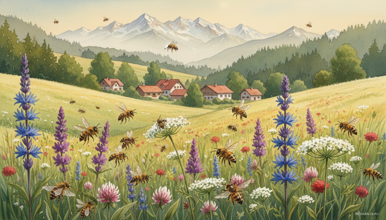 Bienen und Wildbienen in Rosenheim (Bayern) — Aquarell-Illustration der lokalen Habitate