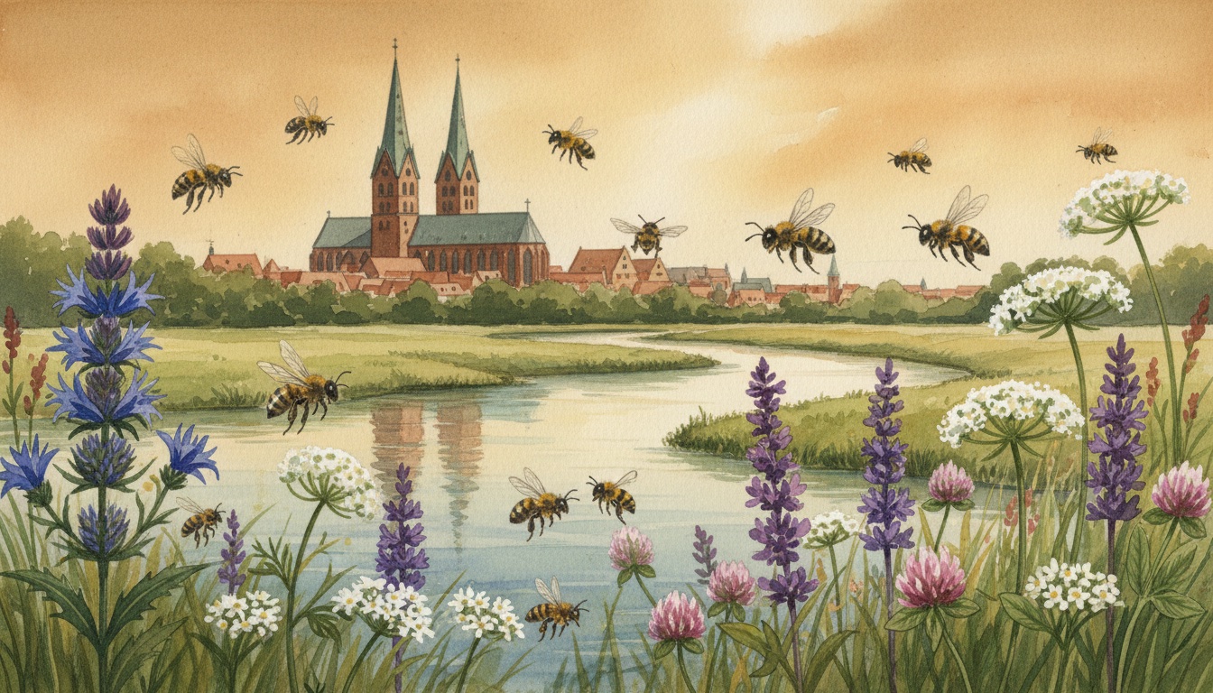 Bienen und Wildbienen in Rostock (Mecklenburg-Vorpommern) — Aquarell-Illustration der lokalen Habitate