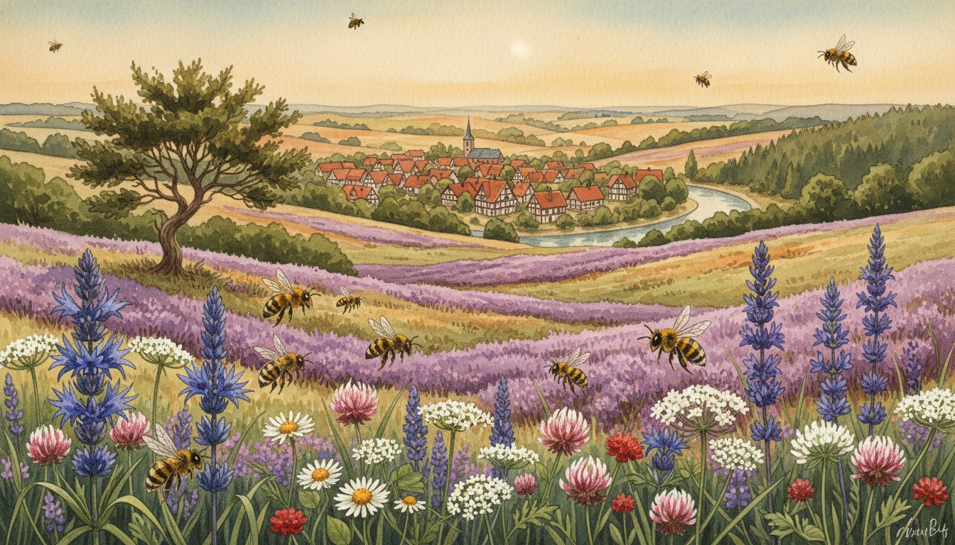 Bienen und Wildbienen in Rotenburg (Wümme) (Niedersachsen) — Aquarell-Illustration der lokalen Habitate