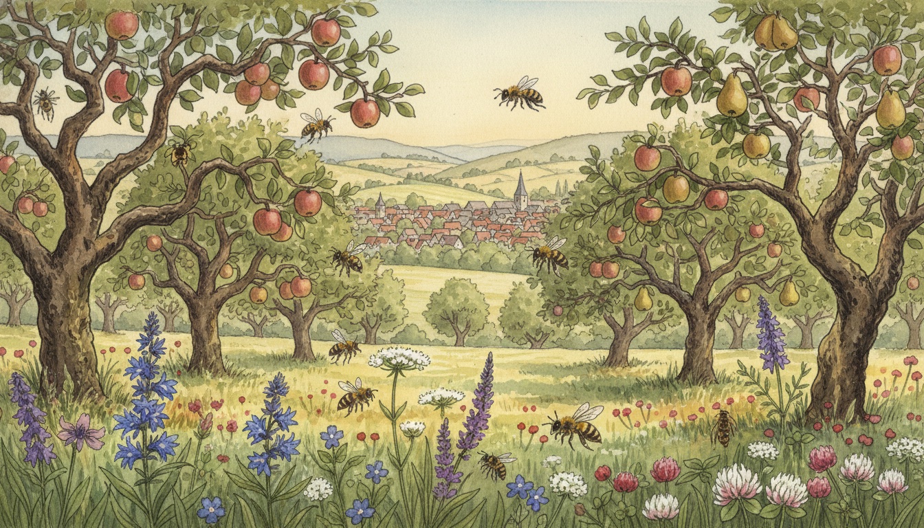 Bienen und Wildbienen in Rottweil (Baden-Württemberg) — Aquarell-Illustration der lokalen Habitate