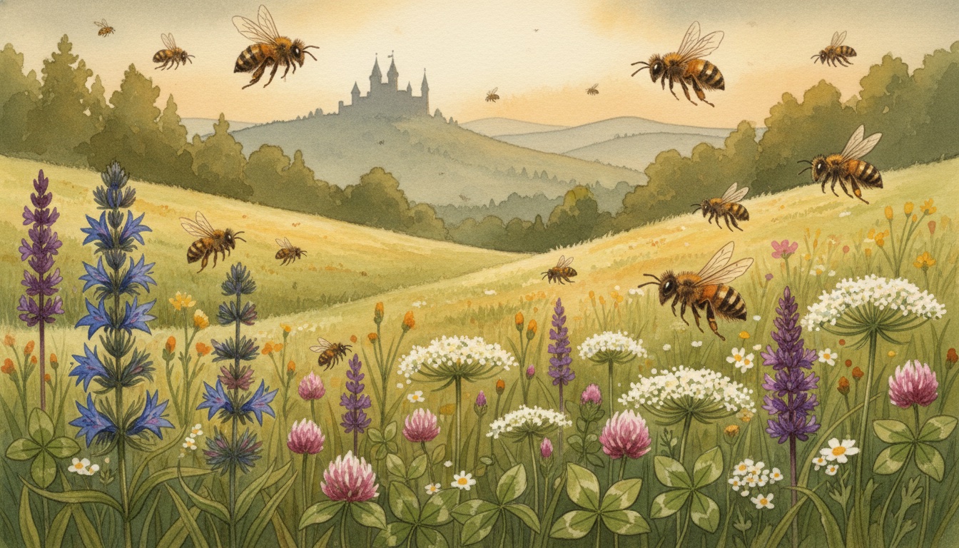 Bienen und Wildbienen in Saalfeld/Saale (Thüringen) — Aquarell-Illustration der lokalen Habitate