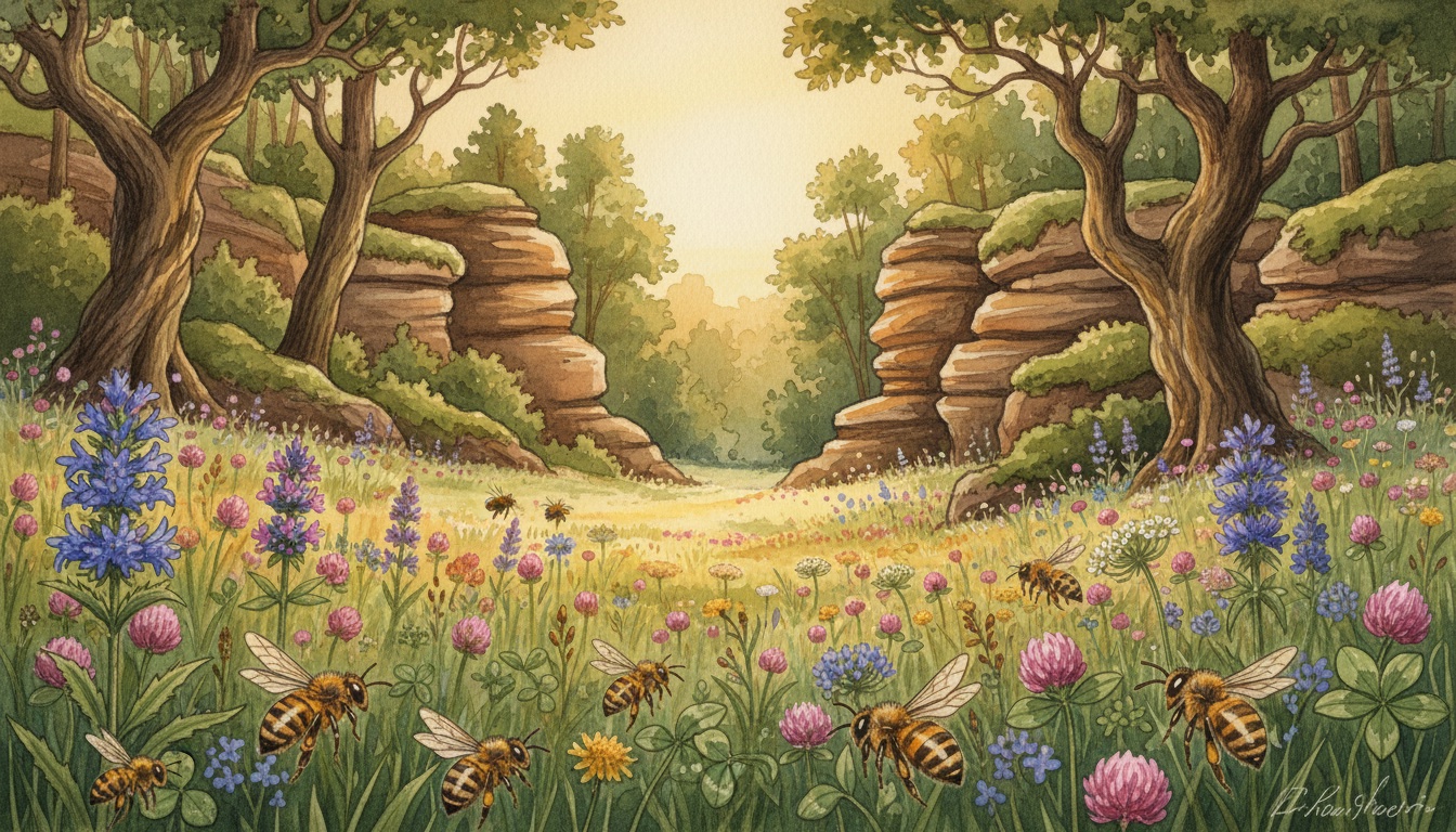 Bienen und Wildbienen in Saarlouis (Saarland) — Aquarell-Illustration der lokalen Habitate