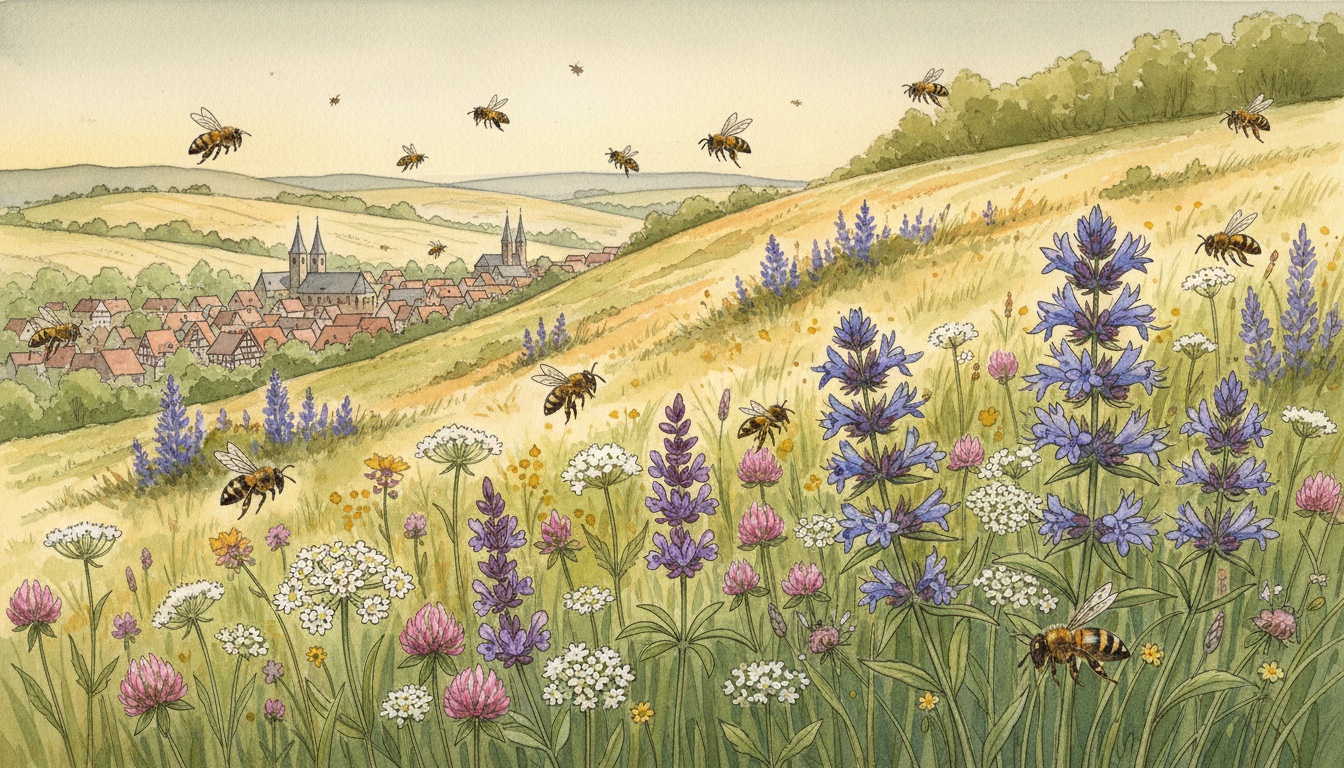 Bienen und Wildbienen in Sangerhausen (Sachsen-Anhalt) — Aquarell-Illustration der lokalen Habitate