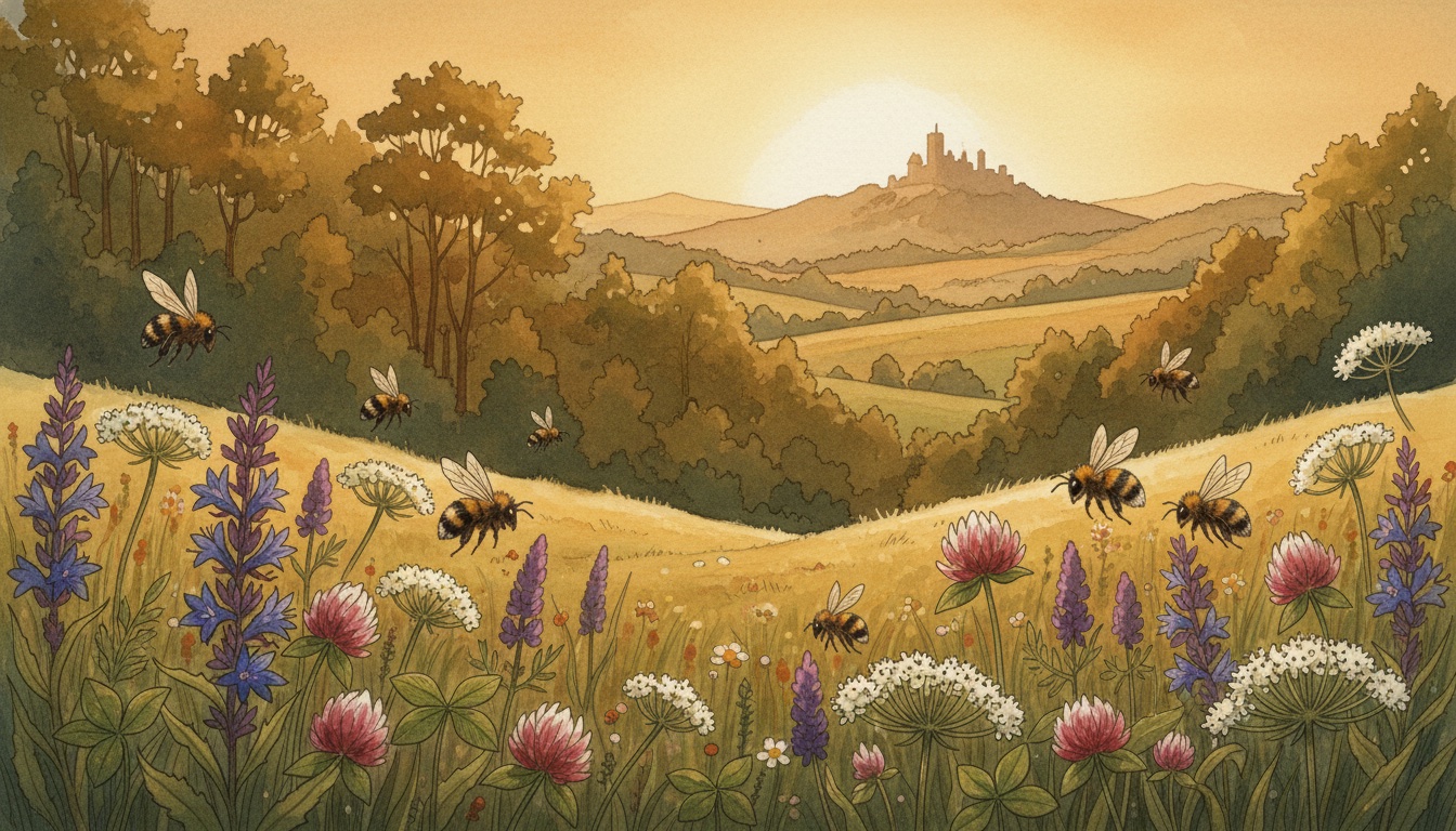 Bienen und Wildbienen in Schleiz (Thüringen) — Aquarell-Illustration der lokalen Habitate