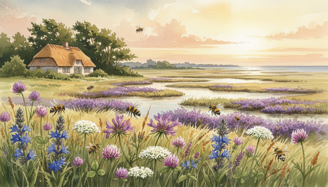 Bienen und Wildbienen in Schleswig (Schleswig-Holstein) — Aquarell-Illustration der lokalen Habitate