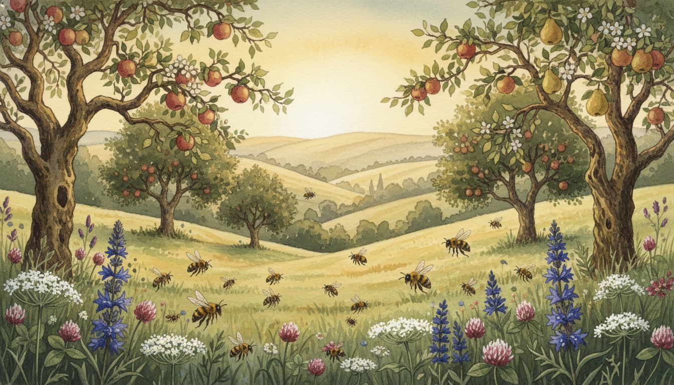 Bienen und Wildbienen in Schwäbisch Hall (Baden-Württemberg) — Aquarell-Illustration der lokalen Habitate