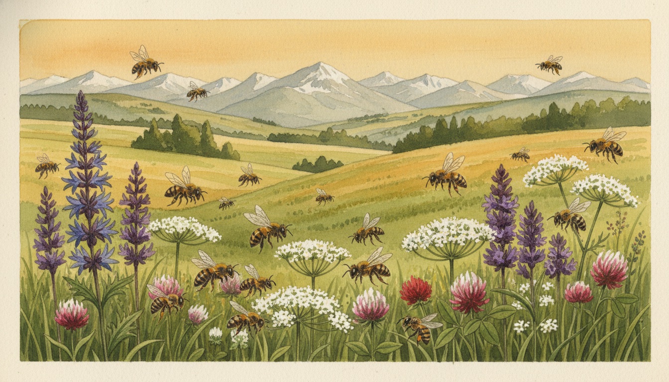 Bienen und Wildbienen in Schwandorf (Bayern) — Aquarell-Illustration der lokalen Habitate