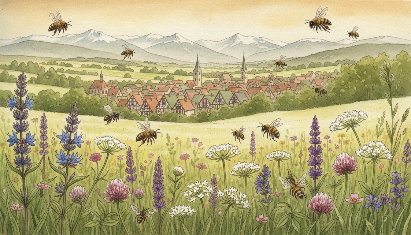 Bienen und Wildbienen in Schweinfurt (Bayern) — Aquarell-Illustration der lokalen Habitate