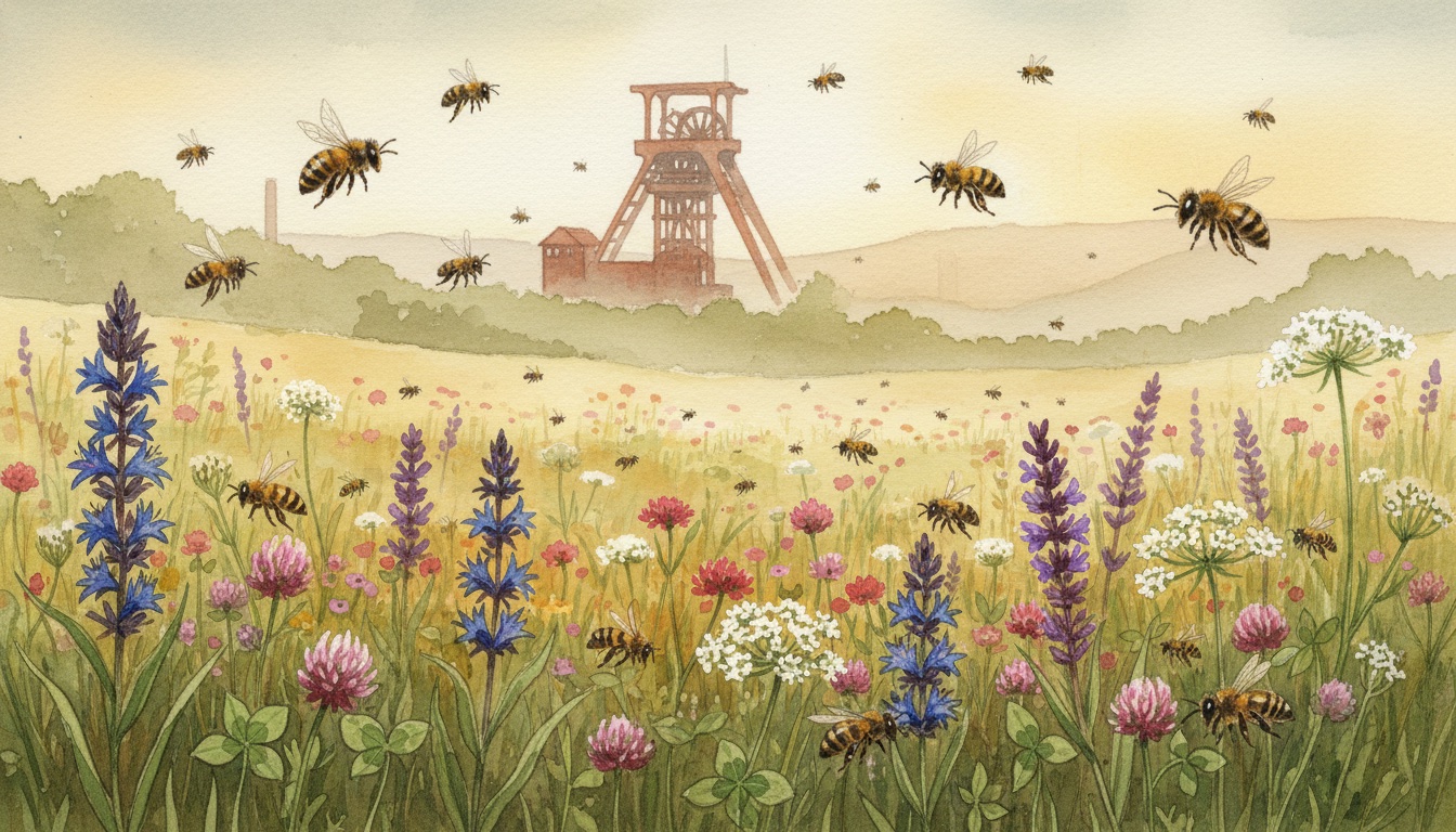 Bienen und Wildbienen in Schwelm (Nordrhein-Westfalen) — Aquarell-Illustration der lokalen Habitate
