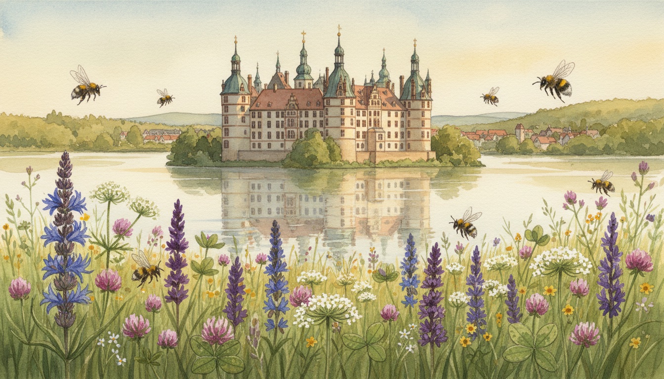 Bienen und Wildbienen in Schwerin (Mecklenburg-Vorpommern) — Aquarell-Illustration der lokalen Habitate