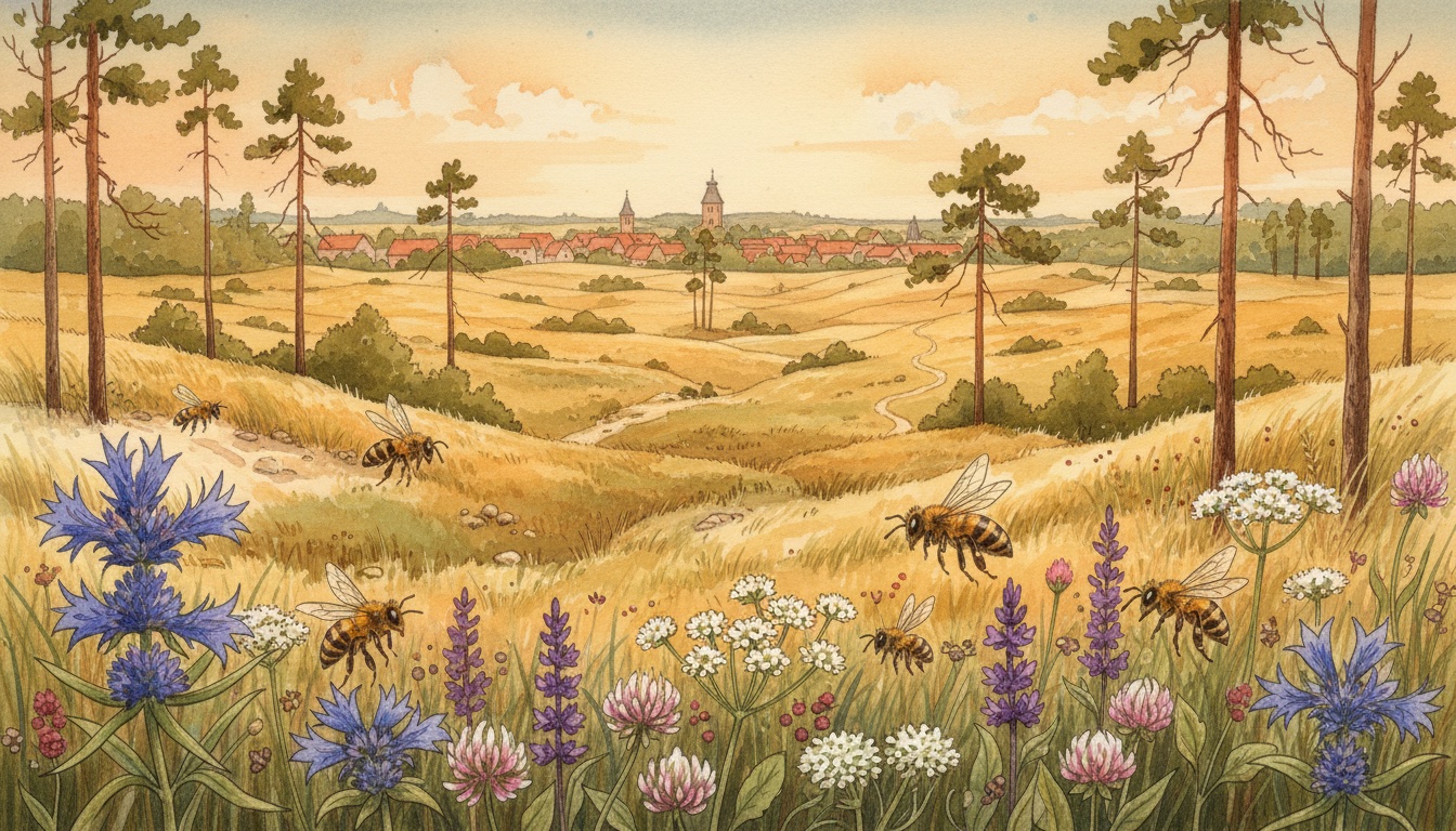 Bienen und Wildbienen in Seelow (Brandenburg) — Aquarell-Illustration der lokalen Habitate