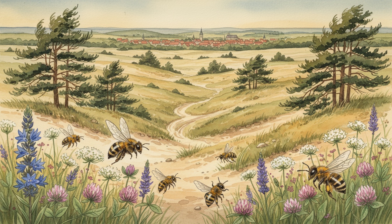 Bienen und Wildbienen in Senftenberg (Brandenburg) — Aquarell-Illustration der lokalen Habitate
