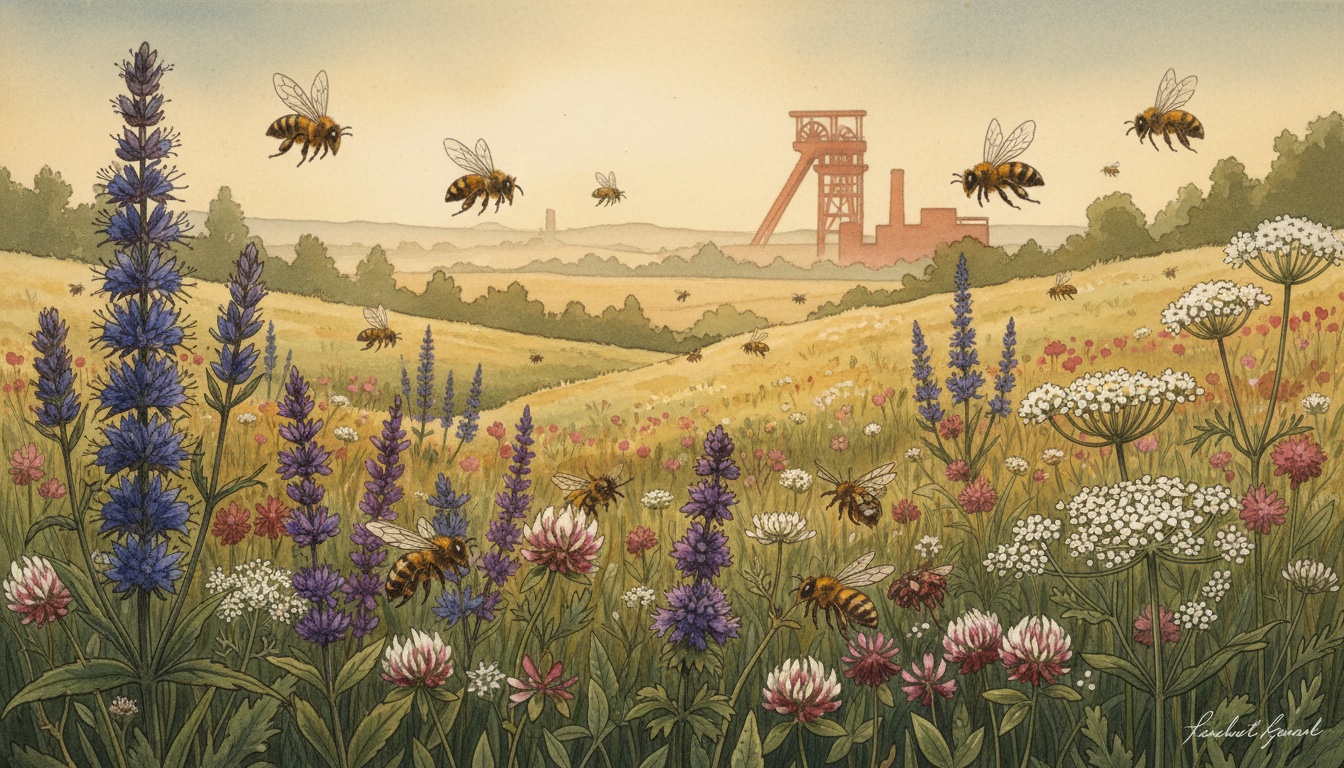 Bienen und Wildbienen in Siegen (Nordrhein-Westfalen) — Aquarell-Illustration der lokalen Habitate
