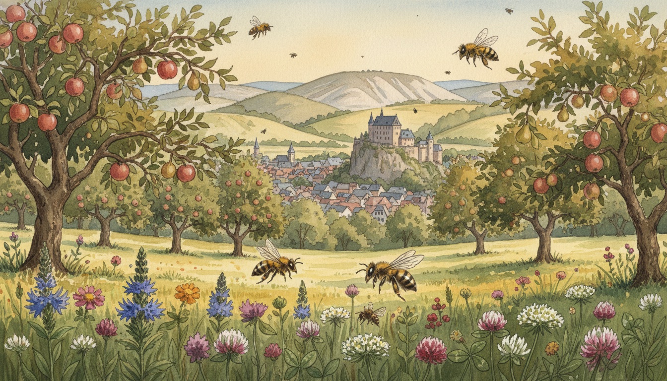 Bienen und Wildbienen in Sigmaringen (Baden-Württemberg) — Aquarell-Illustration der lokalen Habitate